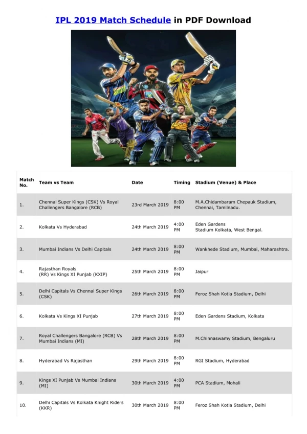 IPL 2019 Full Schedule Download in PDF (WatchIPLT20Live.com)