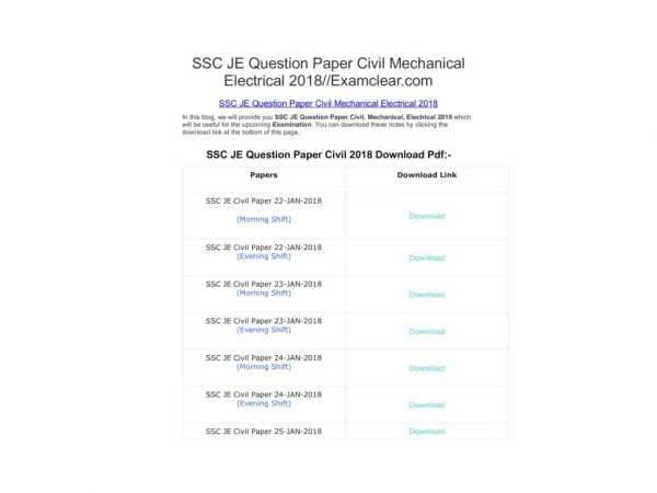 SSC JE Question Paper Civil Mechanical Electrical 2018//Examclear.com
