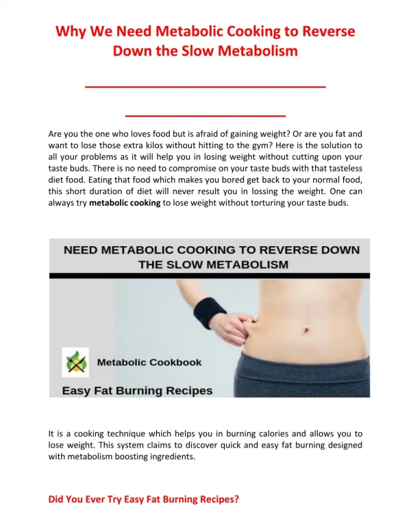 Use Metabolic Cookbook to Reverse Down the Slow Metabolism