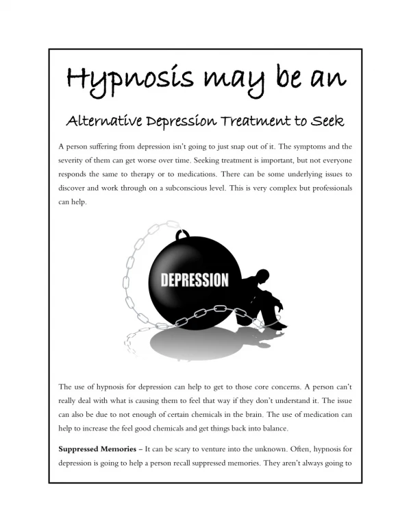 Hypnosis may be an Alternative Depression Treatment to Seek