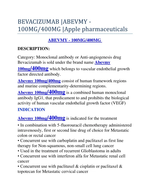 BEVACIZUMAB |ABEVMY - 100MG/400MG |Apple pharmaceuticals