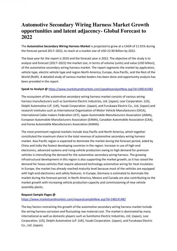 Automotive Secondary Wiring Harness Market Growth opportunities and latent adjacency- Global Forecast to 2022