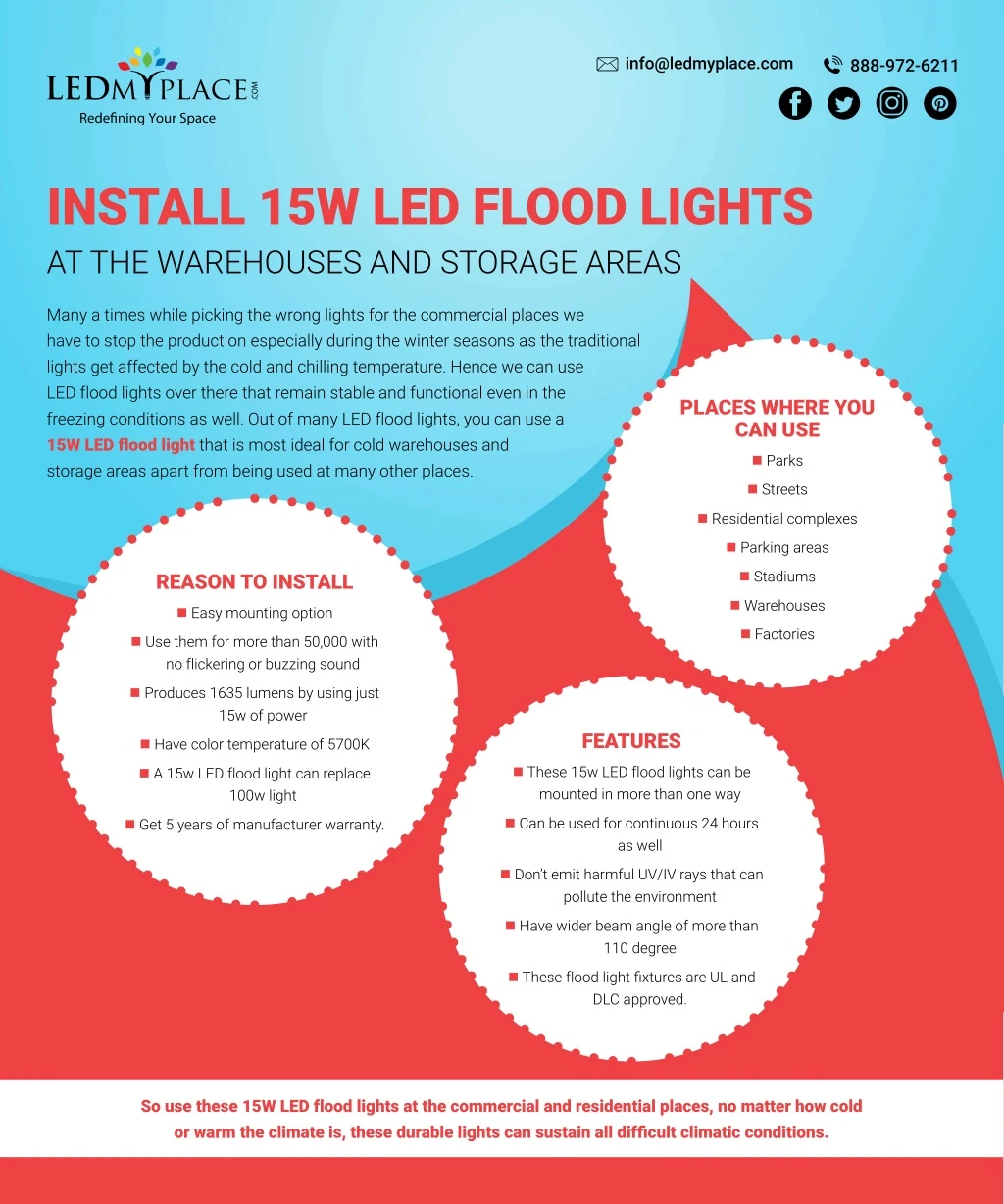 install 15w led flood lights at the warehouses