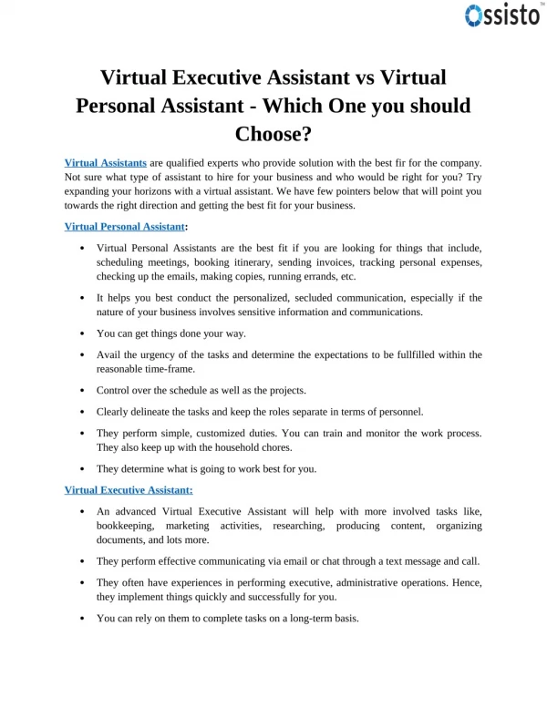 Virtual Executive Assistant vs Virtual Personal Assistant - Which One you should Choose?