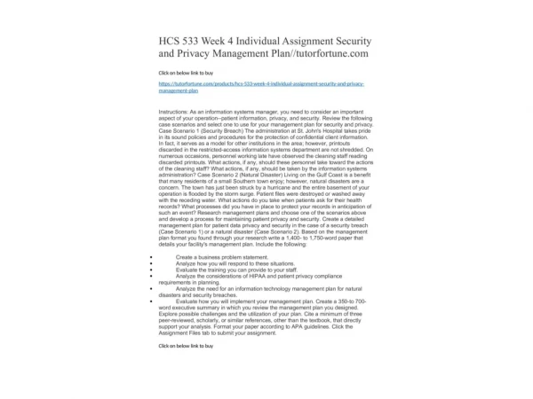 HCS 533 Week 4 Individual Assignment Security and Privacy Management Plan//tutorfortune.com