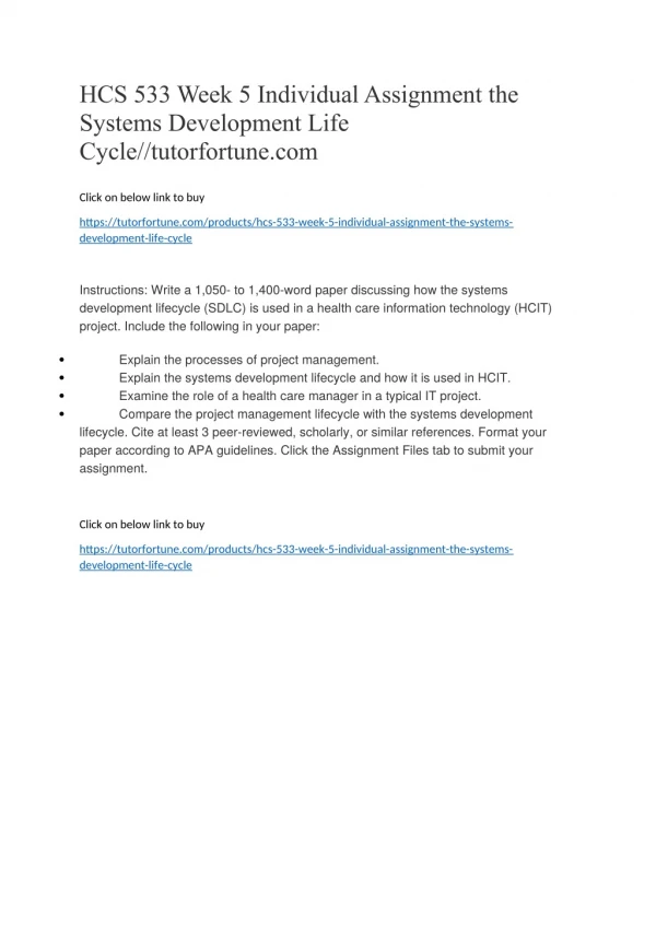 HCS 533 Week 5 Individual Assignment the Systems Development Life Cycle//tutorfortune.com