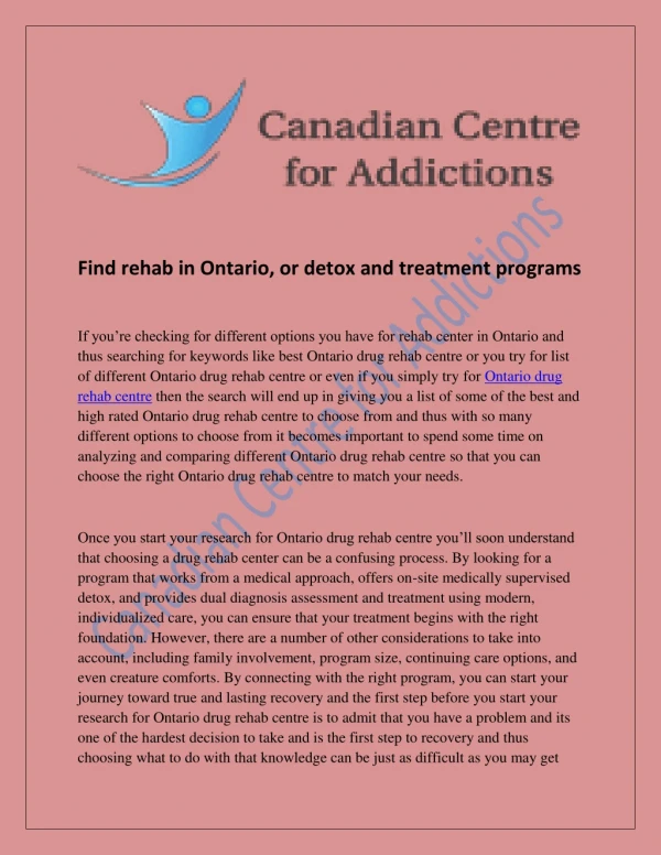 Find rehab in Ontario, or detox and treatment programs