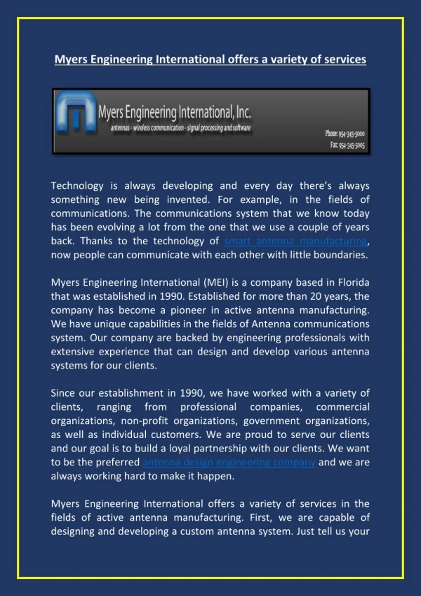 Myers Engineering International offers a variety of services
