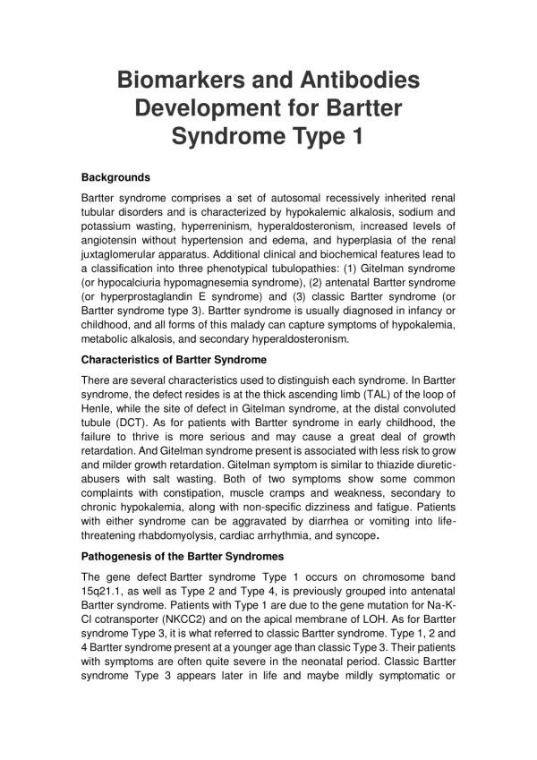 Biomarkers and Antibodies Development for Bartter Syndrome Type 1