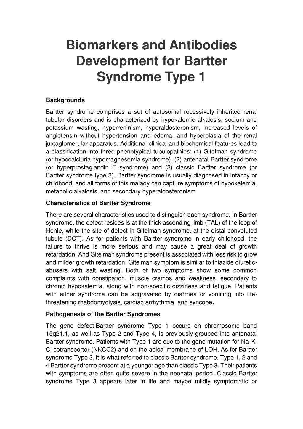 biomarkers and antibodies development for bartter