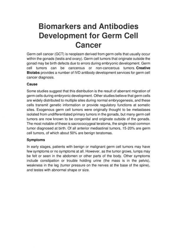 Biomarkers and Antibodies Development for Germ Cell Cancer