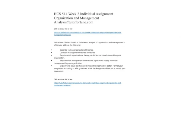 HCS 514 Week 2 Individual Assignment Organization and Management Analysis//tutorfortune.com