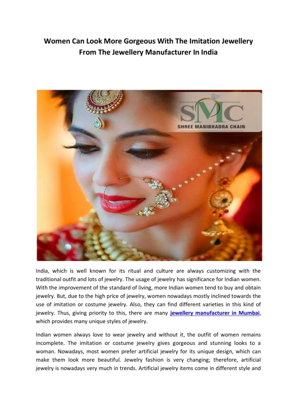 Women Can Look More Gorgeous With The Imitation Jewellery From The Jewellery Manufacturer In Mumbai