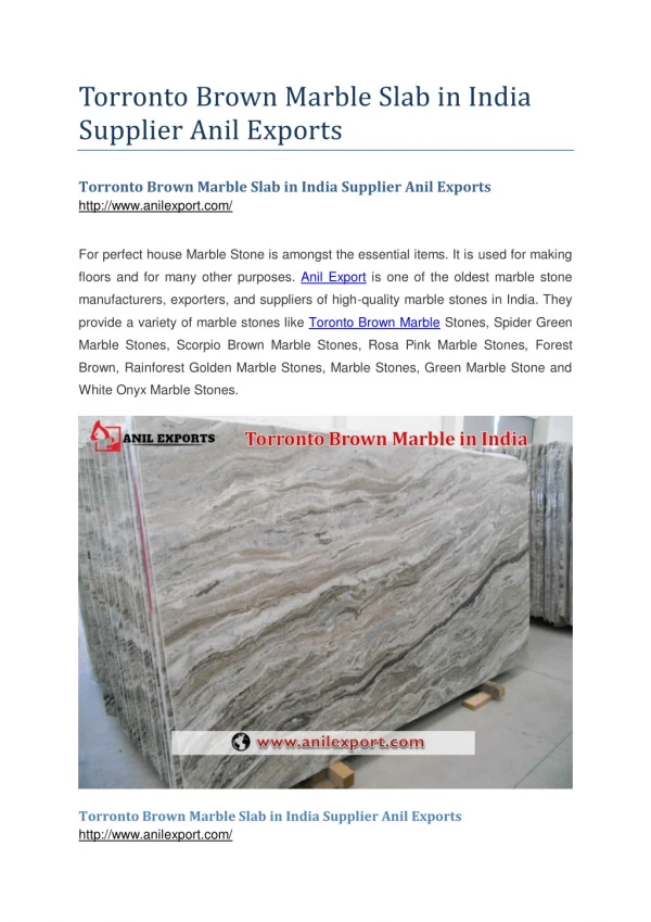 Torronto Brown Marble Slab in India Supplier Anil Exports