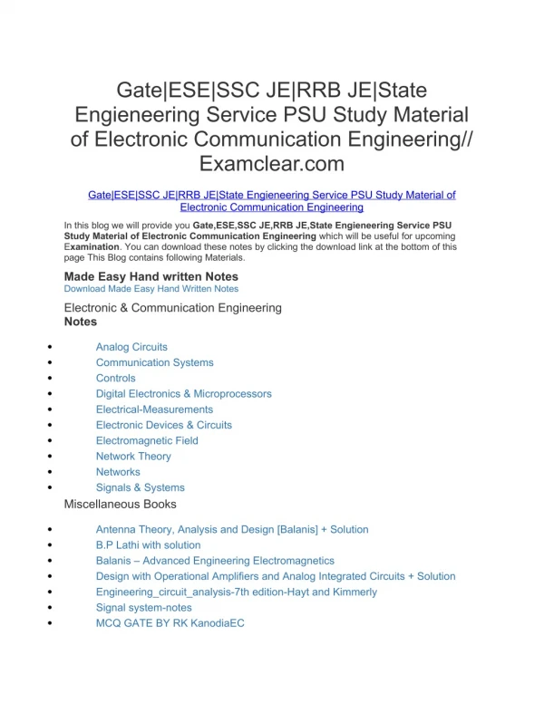 Gate|ESE|SSC JE|RRB JE|State Engieneering Service PSU Study Material of Electronic Communication Engineering//Examclear.