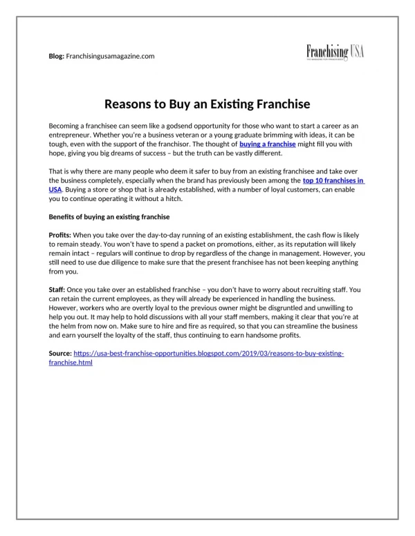 Reasons To Buy An Existing Franchise