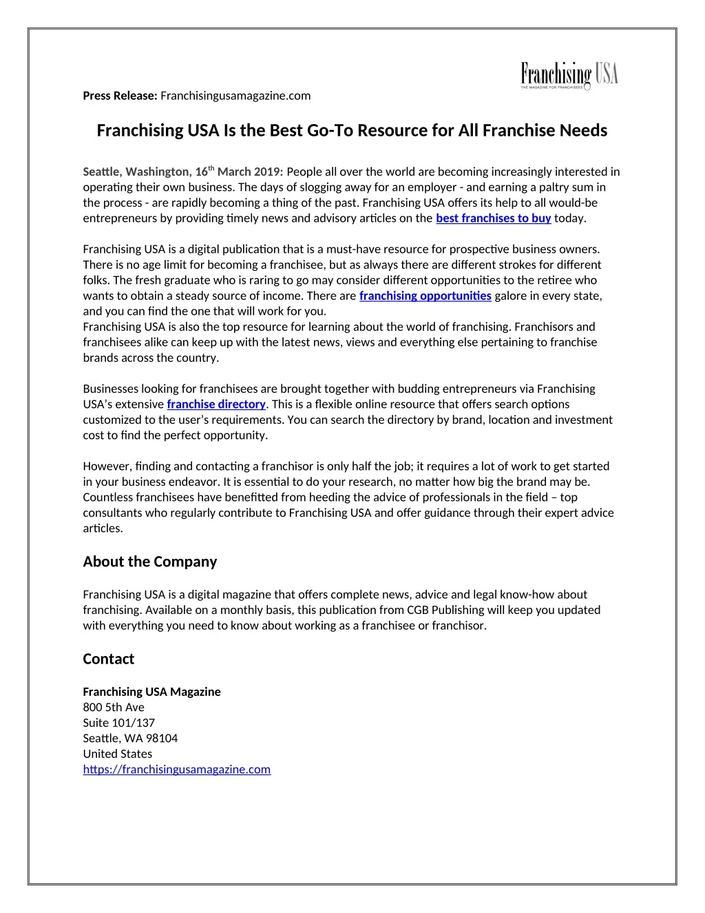 press release franchisingusamagazine com