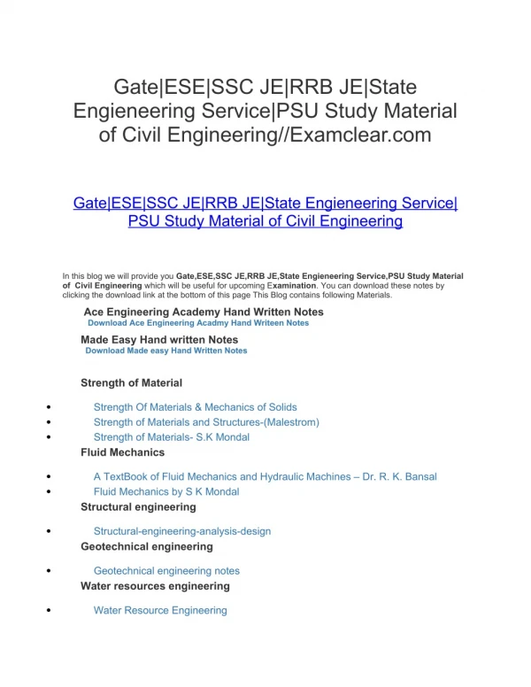 Gate|ESE|SSC JE|RRB JE|State Engieneering Service|PSU Study Material of Civil Engineering//Examclear.com