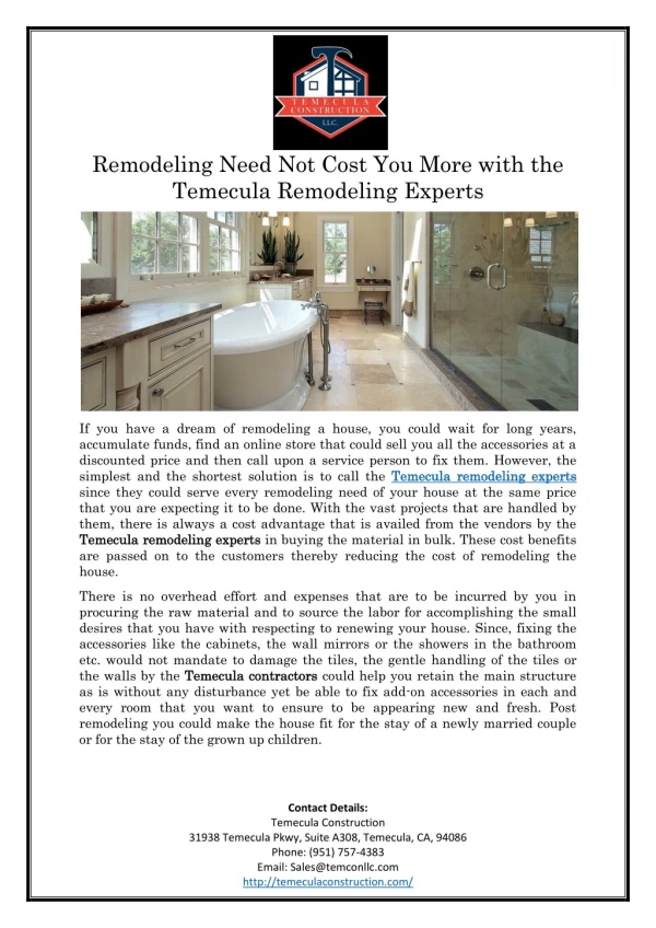 Remodeling Need Not Cost You More with The Temecula Remodeling Experts