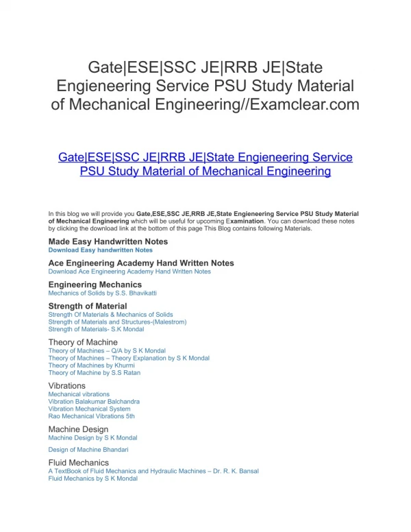 Gate|ESE|SSC JE|RRB JE|State Engieneering Service PSU Study Material of Mechanical Engineering//Examclear.com