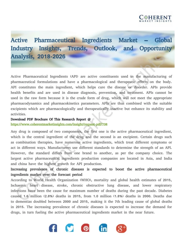 Active Pharmaceutical Ingredients Market – Global Industry Insights, Trends, Outlook, and Opportunity Analysis, 2018-202