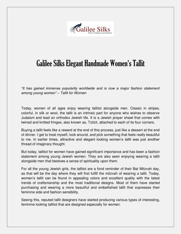 Galilee Silks Elegant Handmade Women's Tallit