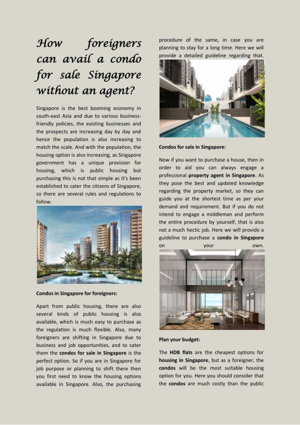 How foreigners can avail a condo for sale Singapore without an agent?