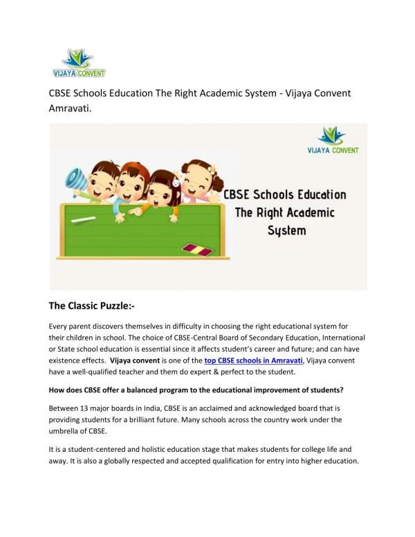 CBSE Schools Education The Right Academic System - Vijaya Convent Amravati.