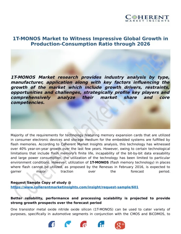 1T-MONOS Market to Witness Impressive Global Growth in Production-Consumption Ratio through 2026
