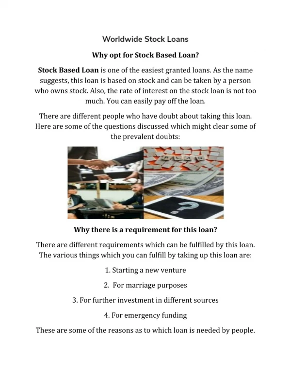Why opt for Stock Based Loan?