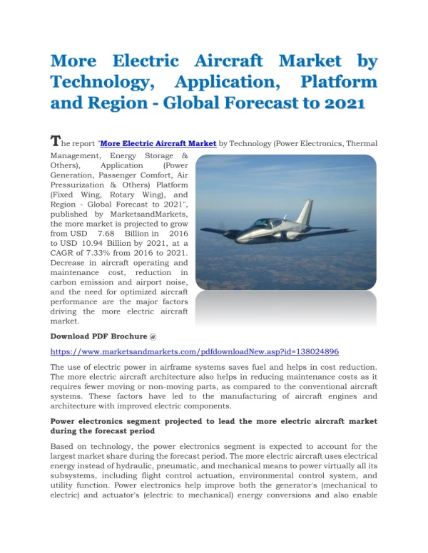 More Electric Aircraft Market by Technology, Application, Platform and Region - Global Forecast to 2021