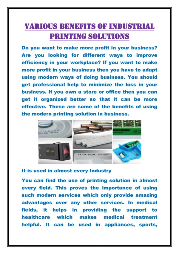 Various Benefits of Industrial Printing Solutions