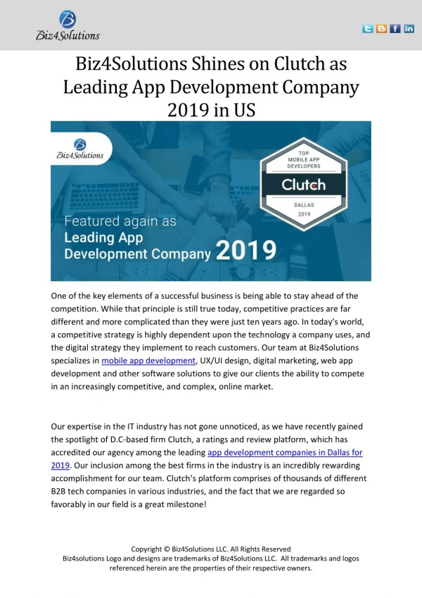 Biz4Solutions Shines on Clutch as Leading App Development Company 2019 in US