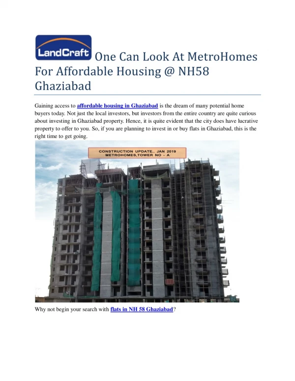 One Can Look At MetroHomes For Affordable Housing @ NH58 Ghaziabad