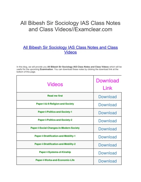 All Bibesh Sir Sociology IAS Class Notes and Class Videos//Examclear.com