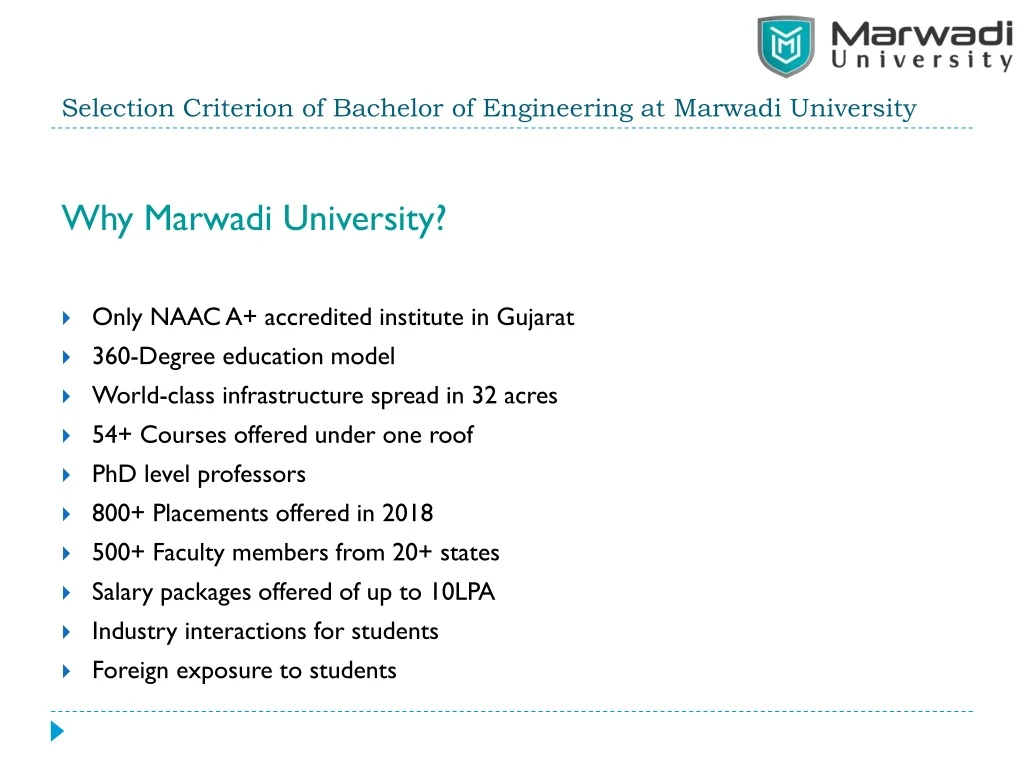 selection criterion of bachelor of engineering at marwadi university