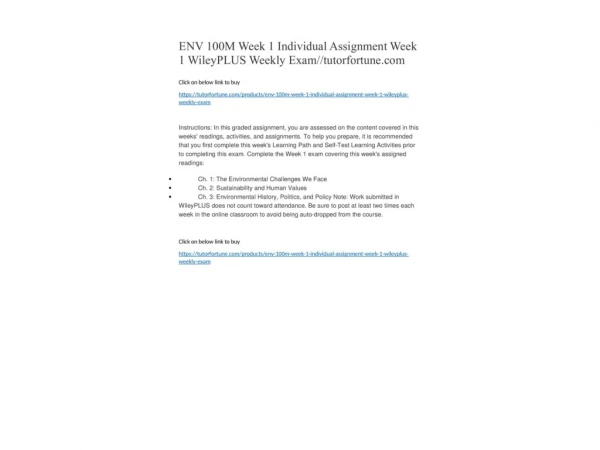 ENV 100M Week 1 Individual Assignment Week 1 WileyPLUS Weekly Exam//tutorfortune.com