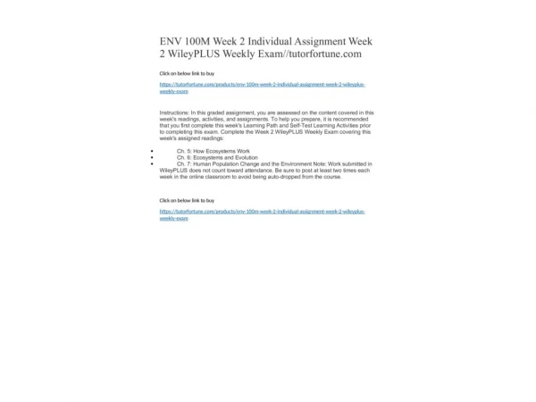 ENV 100M Week 2 Individual Assignment Week 2 WileyPLUS Weekly Exam//tutorfortune.com