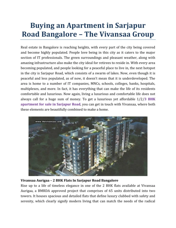 Buying An Apartment In Sarjapur Road Bangalore - The Vivansaa Group