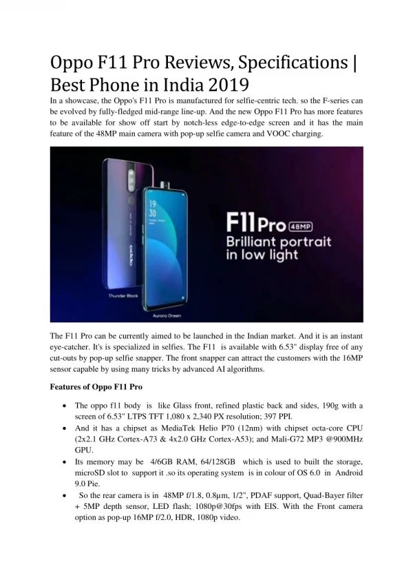 Oppo F11 Pro Reviews, Specifications | Best Phone in India 2019