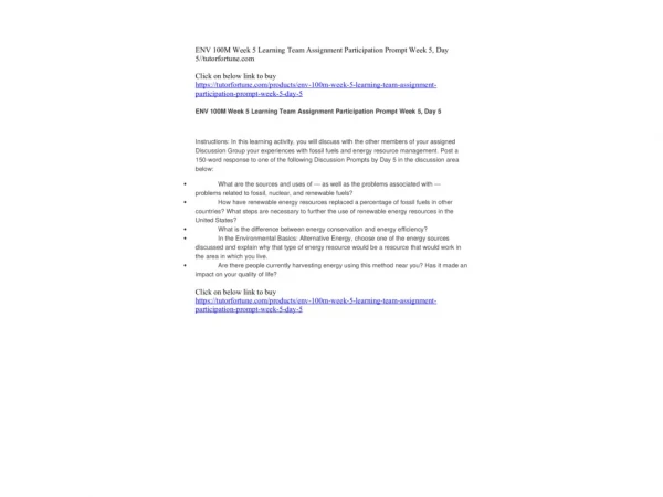 ENV 100M Week 5 Learning Team Assignment Participation Prompt Week 5, Day 5//tutorfortune.com