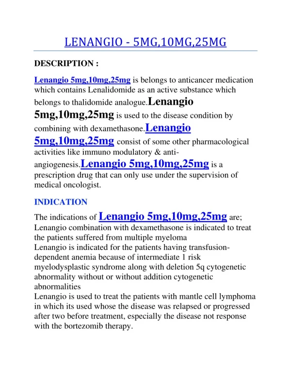 Lenalidomide - Lenangio 5mg,10mg,25mg tablet online | Myapplepharma