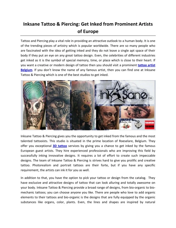 Inksane Tattoo & Piercing: Get Inked from Prominent Artists of Europe