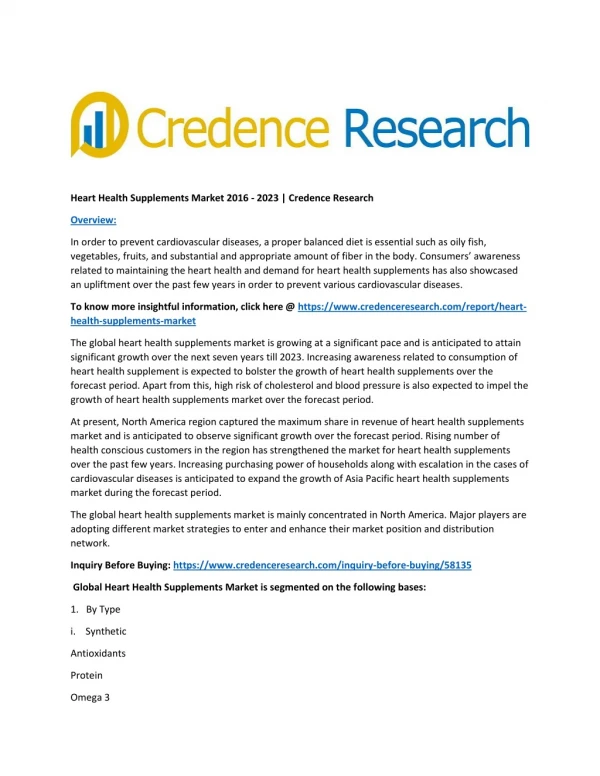Heart Health Supplements Market 2016 - 2023 | Credence Research