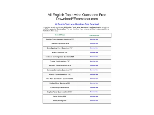 All English Topic wise Questions Free Download//Examclear.com