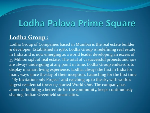 lodha palava prime square | 1, 2 and 3 BHK Apartment