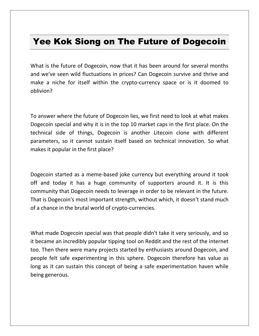 yee kok siong on the future of dogecoin