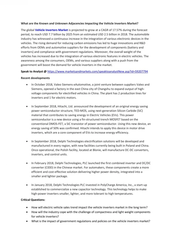 What are the Known and Unknown Adjacencies Impacting the Vehicle Inverters Market?