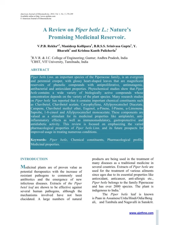 A Review on Piper betle L.: Nature’s Promising Medicinal Reservoir
