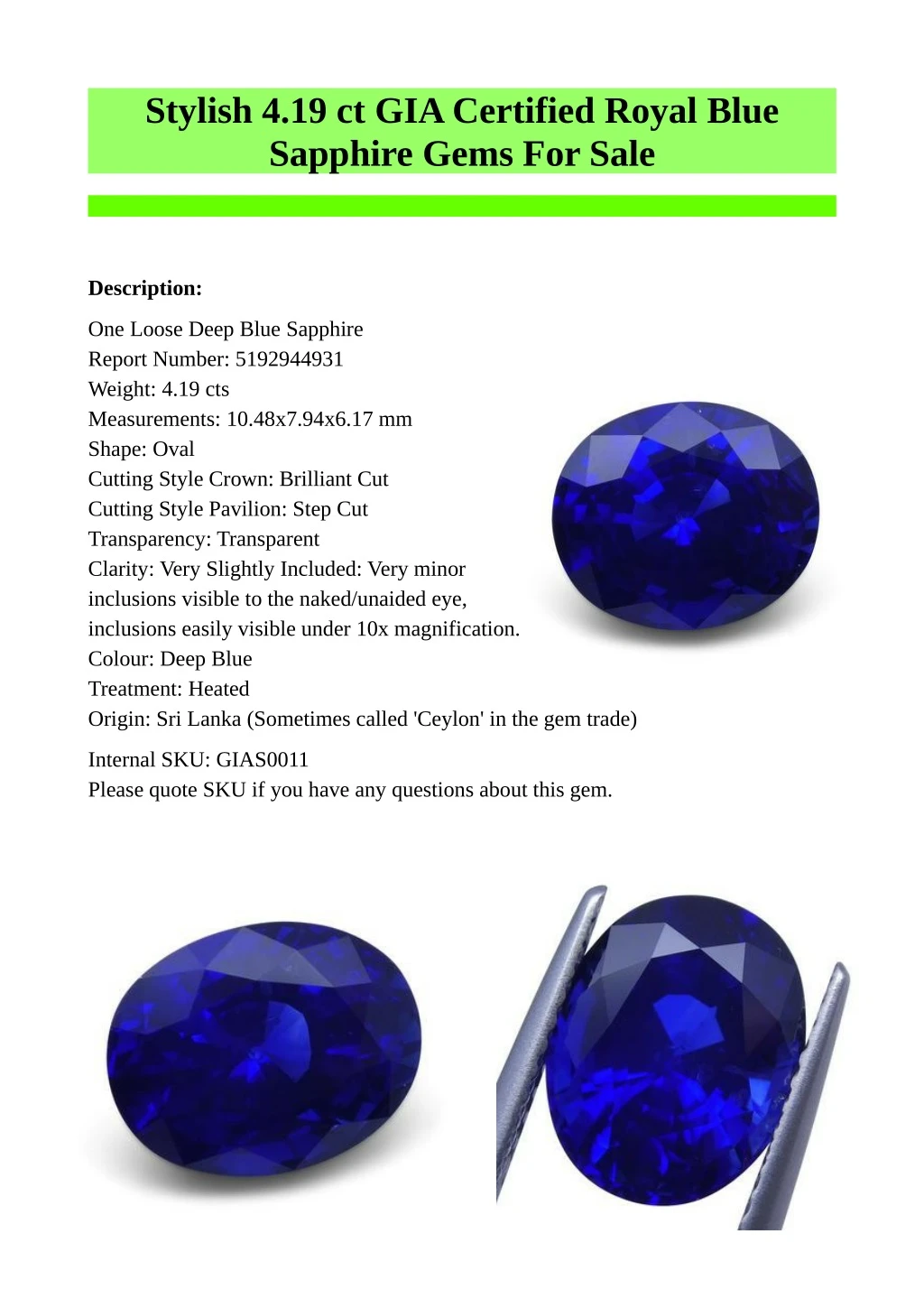 stylish 4 19 ct gia certified royal blue sapphire
